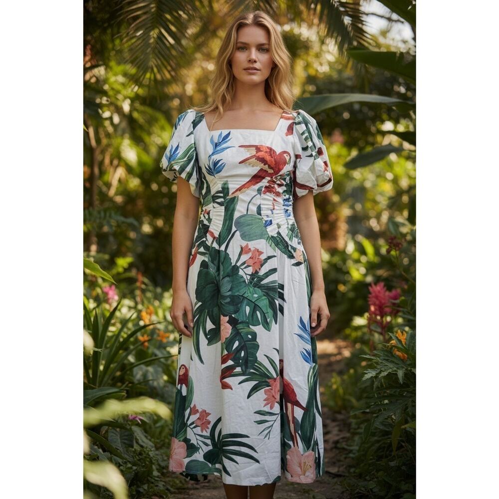 FARM Rio White Midi Dress with Green Tropical Leaf and Red Floral Print